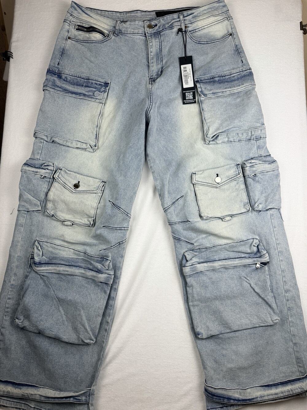 NWT Rockstar Original Jeans Men's 38 Blue Baggy Cargo Multi Pocket Wide Leg